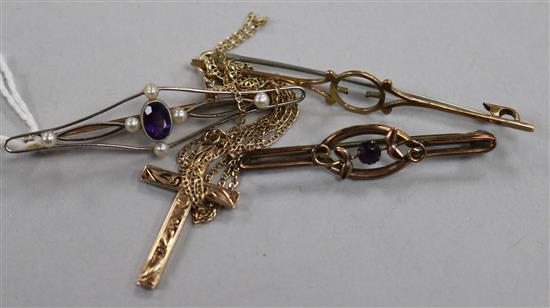 Three early 20th century gold bar brooches including two stamped 9ct and a 9ct gold cross pendant on chain.